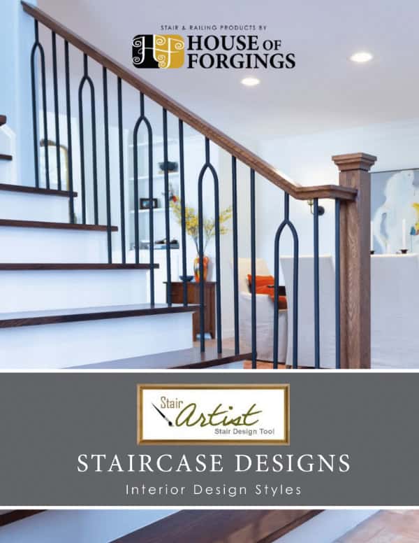 Staircase design guide cover with arched iron balusters, a wood handrail and a box newel post