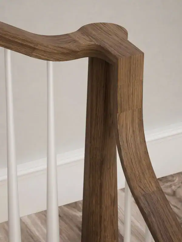 Oak wood stair handrail with matching fittings