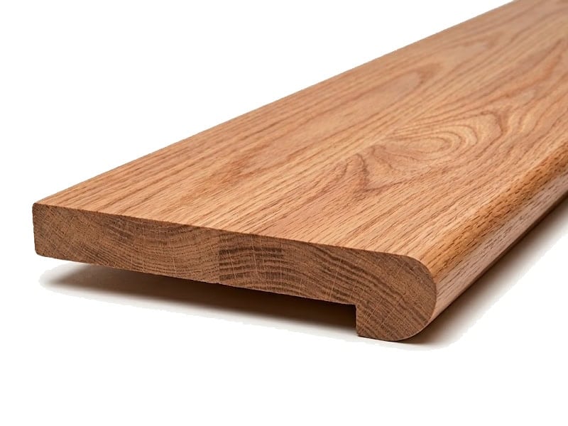Oak landing tread with a rabbeted bullnose edge for a stair landing or balcony