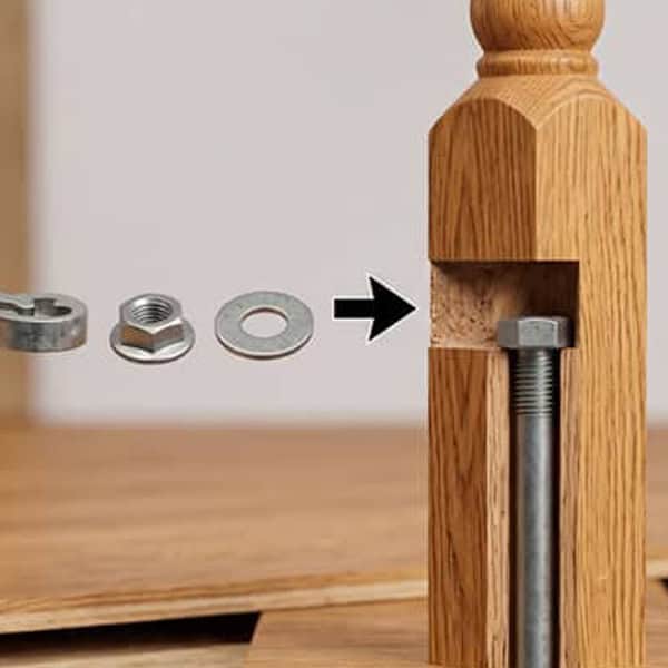 Cutaway of a wood newel post showing the lag bolt, washer and nut of a newel mounting kit