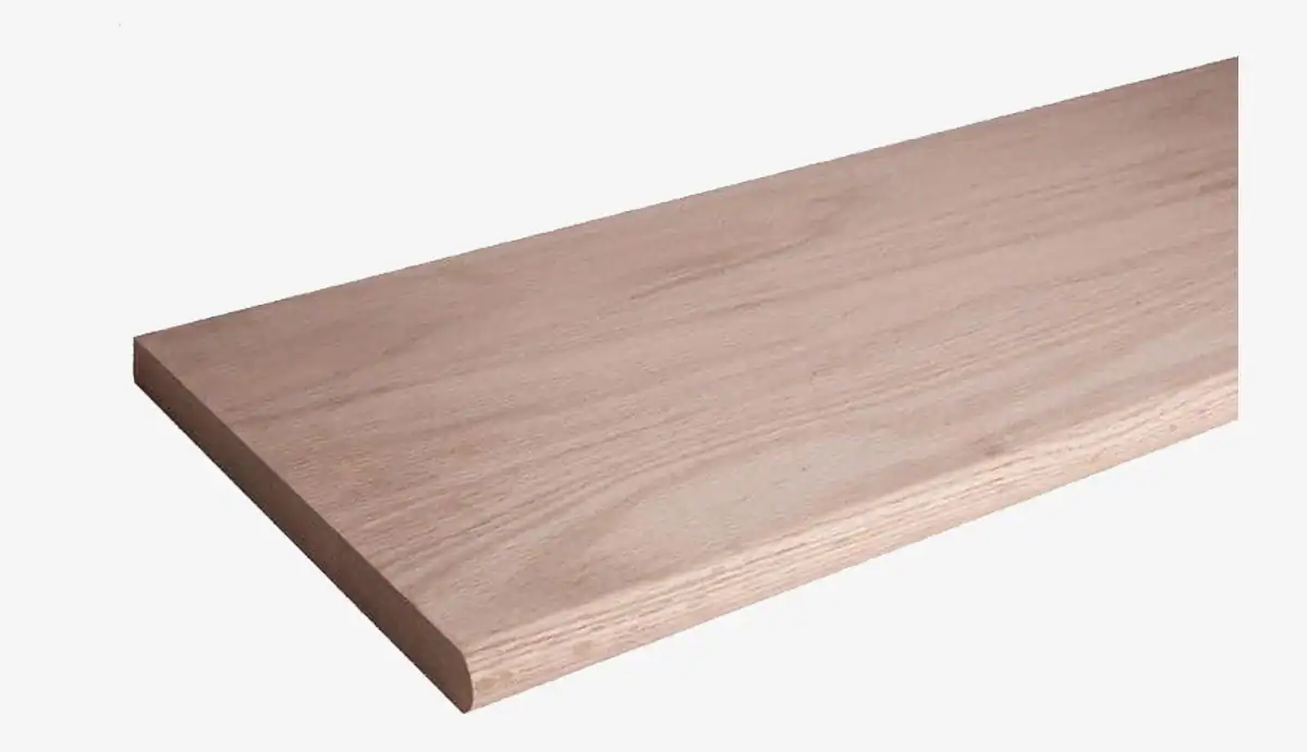 Unfinished solid red oak stair tread with a rounded bullnose front edge