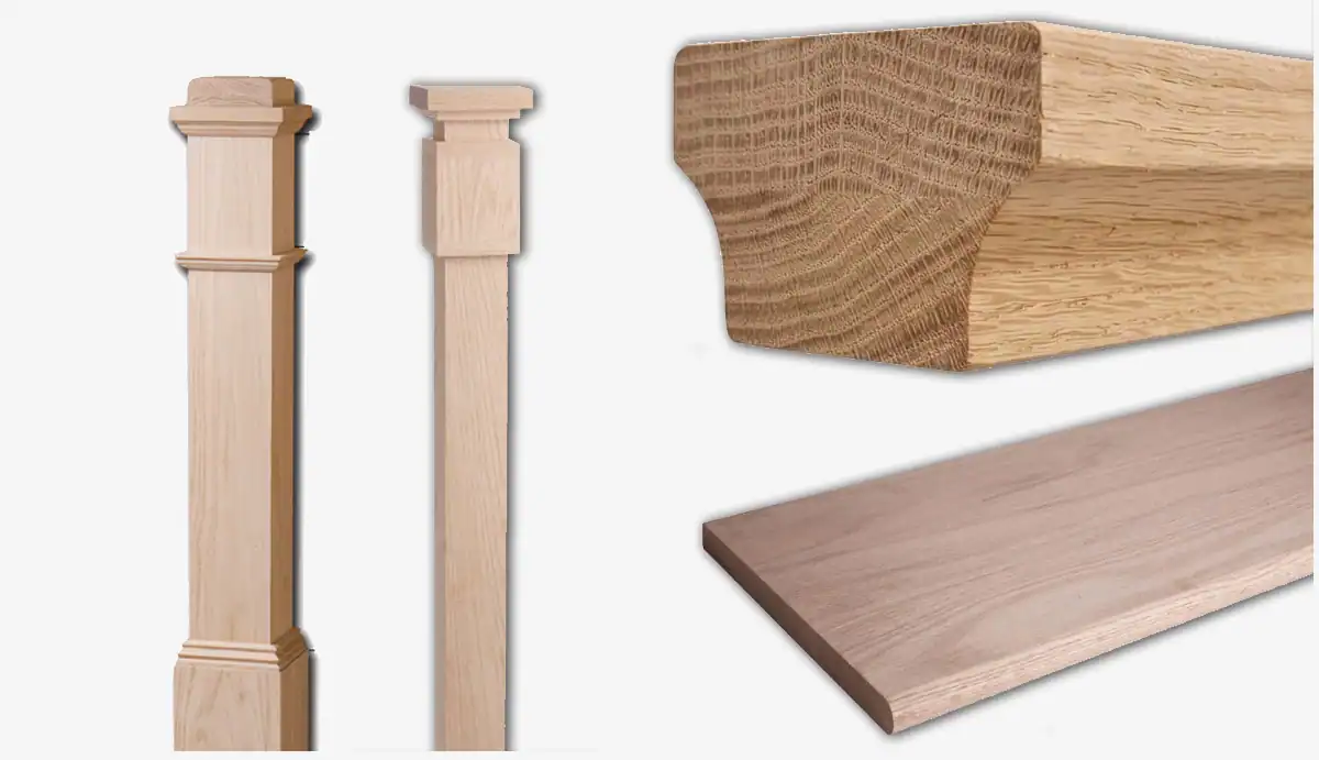 Unfinished oak stair parts: two box newel posts, a wood handrail profile and a stair tread