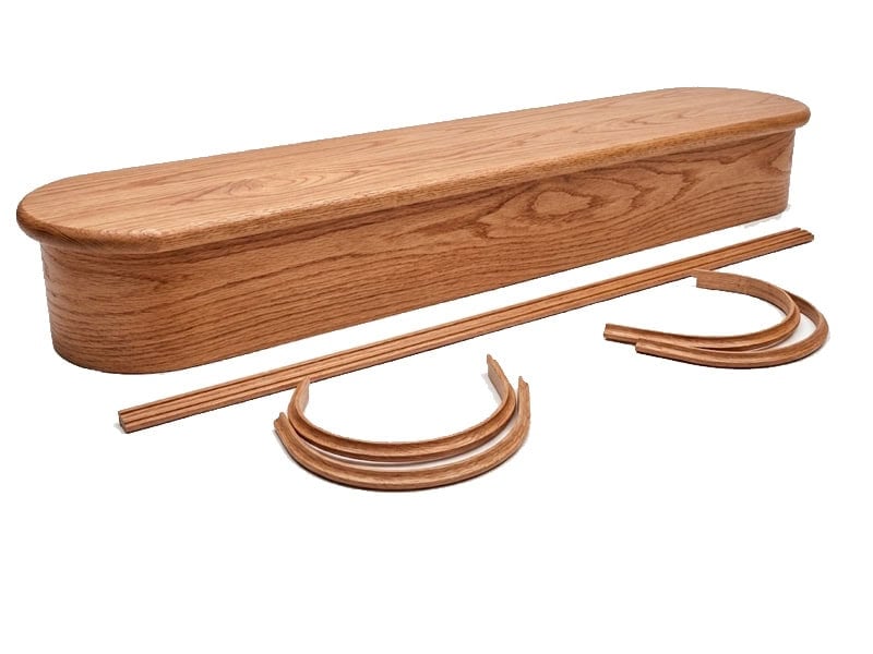 Oak starting step with rounded ends, shown with curved riser and trim pieces